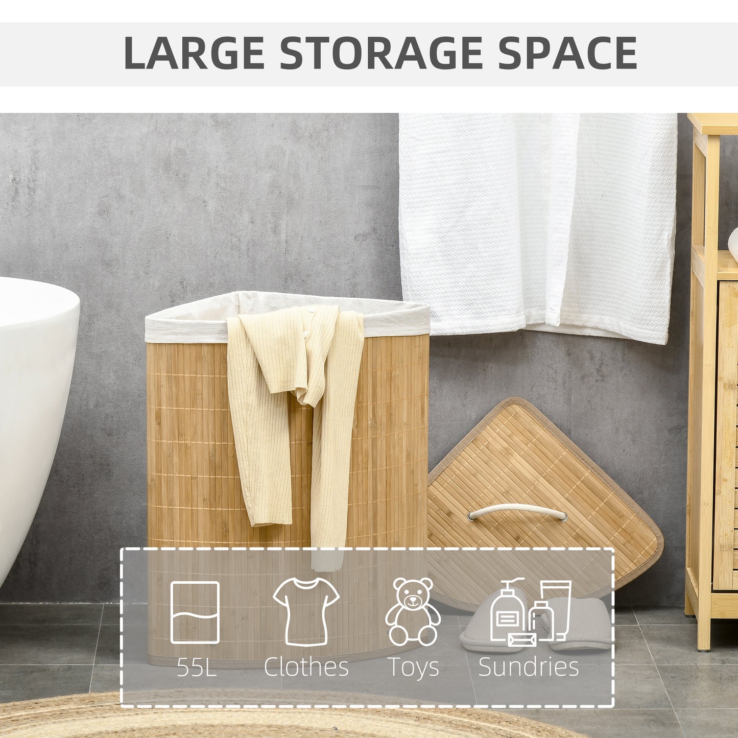 Bamboo Laundry Basket With Lid, 55 Litres Laundry Hamper With Removable Washable Lining, Corner Washing Baskets, 38 X 38 X 57cm, Natural